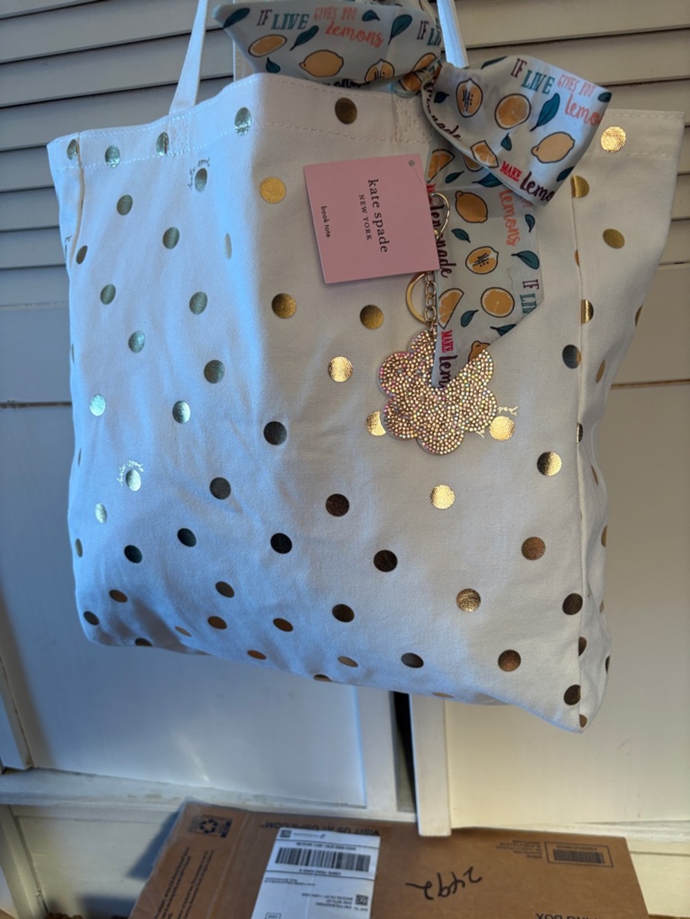 kate spade White Tote with Gold Polka Dots and Charm Scarf